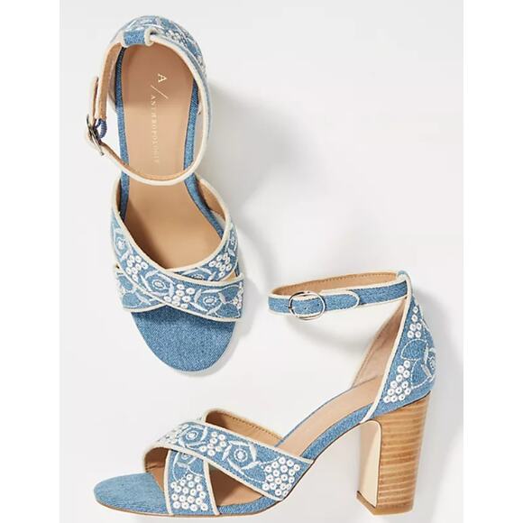 Anthropologie Shoes - Anthropologie Criss Cross Heeled Sandals Floral Embroidered Boho Cottagecore